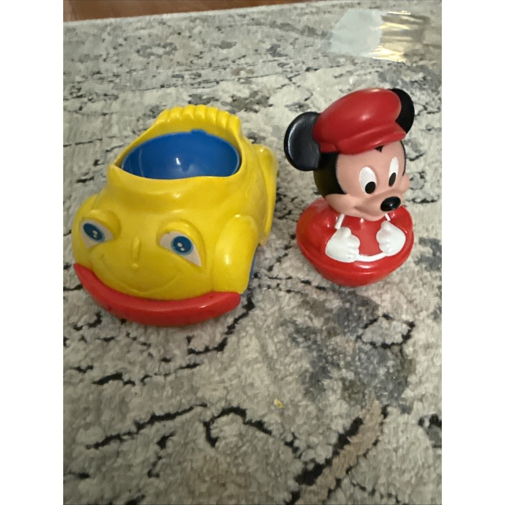 Disney Mickey Mouse Weeble Wobble Roly Poly Toy Rattle Vintage‎ 4" With Car